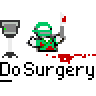 Pixelated character in green surgical gear holds red scalpel above gray medical stand with green light, repeating across gray background with "Do Surgery" text below each instance.