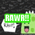 Green dinosaur with open mouth and tongue, black background with white speech bubble, blue text boxes, orange text boxes, gray background section.