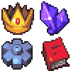 Four pixel-art icons arranged in a 2x2 grid: top-left is a golden crown with brown accents and red gem, top-right is purple crystalline shape, bottom-left is blue gear-like object, bottom-right is red book or box.