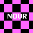 Pixelated pink and black checkered pattern with four instances of the text 'NOUR' in white block letters across different sections.