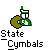 Pixelated icon shows a green and white musical note with a stem, positioned over a brown circular shape resembling a cymbal, below which is text reading 'State Cymbals' in blocky font.