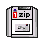 Pixelated icon of a floppy disk with red '1' and black 'zip' text, showing sequential animation frames where the disk's left edge shifts from full to partial visibility.