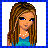 Pixel art buddy icon featuring a cartoon woman with long brown hair and blue eyes on the left, next to text reading "dont worry be happy" on a light blue background.