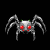 A 5-frame animated contact sheet of a metallic spider icon with red eyes and green accents on black background, showing subtle pose variations across frames.