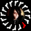 Circular icon with a central figure surrounded by white and red arrow symbols on a black background.