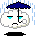 A 4-frame animated contact sheet showing a pixelated cloud character with blue eyes and a downturned mouth holding an umbrella in rain, transitioning from open to closed umbrella states across frames.