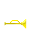 A golden trumpet with a handle appears in six , each showing additional musical notes emerging from the bell