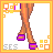 Pixel art of a character in purple outfit with flower accents, showing legs, torso, head, and text reading 'Summer is here' and 'let's Party!'