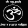 Black square icon with white Om symbol in circle, text above and below; adjacent white space contains separate text elements.