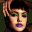 Pixelated face with dark hair, green eyeshadow, purple lips, and a small nose against a dark background.
