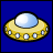 Pixelated static icon of a yellow flying saucer with blue dome and white lights against solid blue background.