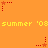 Pixelated orange background with yellow text reading 'summer '03 summer '08' repeated twice, red star icons with dotted lines in various positions.