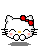 Pixel art contact sheet of nine Hello Kitty animation frames with red bow, pink cheeks, and Japanese text "おめでとー" on gray background.