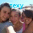 A group of people in a selfie pose with text changing across frames.
