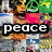 A four- of pixelated text and symbols: peace sign, two figures with heart, smiley face, and 'is all you need' on rainbow stripes