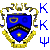 Blue and gold heraldic shield with yellow scrollwork, three blue 'K' characters, and a Greek psi symbol on gray background.