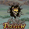 Pixel art skull with golden horns and a crown, surrounded by black splatter against a landscape background with 'PREVIEW' text below.
