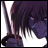 Pixelated anime-style character with dark purple hair and blue eyes, wearing a white shirt, positioned next to black background with white text.