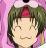 Pixelated anime-style character with closed eyes, green hair, and a red hair accessory against a pink gradient background.