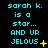 Cyan text on black background reads 'sarah k. is a star... AND UR JELLOUS' with yellow star symbols and dots appearing and disappearing across frames.