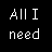 A 48x48 pixel buddy icon featuring a black background with white text "All I need is you!" and a white cross symbol, paired with a low-resolution pixelated image of a person with long hair against a blue sky on the bottom-left quadrant.