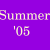 six with text and a central image: purple 'Summer '05', green 'NO Shoes', yellow 'NO Shirt', cyan 'NO Problem', palm tree sunset, gray space