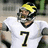 Pixelated image of a football player in white jersey with number 7 and yellow helmet, next to bold blue text on bright yellow background.