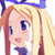 Pixelated anime-style character icon with blonde hair, blue eyes, and a white top featuring a dark blue bow or collar detail.