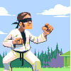 Pixel art of a person in white karate uniform with black belt, blindfolded, performing martial arts pose against blue sky and green landscape.