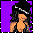 Pixelated character in black pinstripe dress with silver headband, holding black purse against purple background with text "Pin Suit Baby".