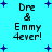 Pixelated text 'Dre & Emmy 4ever!' on cyan background with blue star shapes, four identical copies arranged in a pattern