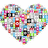 Heart-shaped icon with mosaic background of small colorful images, displaying sequential text overlays in black letters on pink rectangular backgrounds.