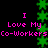 A 4-frame animated contact sheet showing repeated text and green star patterns on a black background, with pink text reading "I Love My Co-Workers" in two vertical columns.