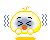 Pixelated yellow circular character with closed eyes, orange beak, and white hands on cheeks; blue wavy lines flank sides; yellow base beneath.