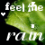 Green leafy background with white text 'feel the' above and 'r'ain' below, a small heart symbol on left side, and a square dot in center.