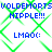 Pixelated blue text and green diamond on white background with repeated phrases and emoticons