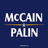 Pixelated text 'MCCAIN' above a horizontal line and 'PALIN' below it on dark blue background.