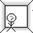 Pixelated stick figure with circular head and question mark face in white room, transitioning through multiple poses including standing, lying down, and holding purple object.