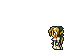 Pixel art character with blonde hair in a ponytail, wearing white and blue clothing, holding red flowers against gray background.