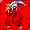 A character in red traditional clothing holds a large silver scythe against a solid red background with black decorative borders.