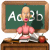 Animated school-themed icon showing a teacher at a desk with chalkboard, apple, and books.