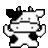 Pixelated cow icon with black and white patches, raised arms, and a smiling expression on gray background.