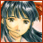 Pixelated anime-style portrait of a character with dark blue hair and a red hair accessory, next to black background with white text.