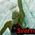 A pixelated image of a person in a dark swimsuit swimming underwater with the word "Swim" displayed below them.