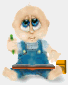 Animated cartoon baby in blue overalls holding a green object, seated with eyes and mouth changing expressions across frames.
