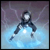 Animated sequence of a character in black clothing with white stripes, crouching with hands raised, surrounded by blue energy and white lightning against a dark purple background.