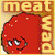 A 2x2 contact sheet of a pixelated animated icon featuring a red meatball character with expressive eyes and mouth, displayed across four frames showing different poses and background contexts.