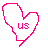 Four pink pixelated heart shapes with 'US' text inside, arranged in a on white background