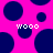Bright pink background with scattered dark blue circles and two instances of the text "wooo" in white pixelated font.