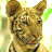 Pixelated close-up of a tiger's face with light brown fur, dark stripes, and upright ears against a blurred greenish-yellow background.